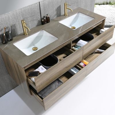 Meuble salle de bain double vasque 140cm bois et effet marbre marron avec miroir LED LB-8475M-140