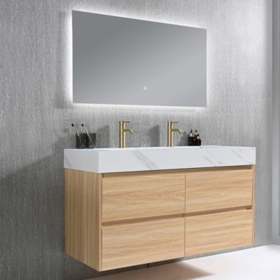 Meuble salle de bain double vasque 140cm bois naturel et effet marbre blanc avec miroir LED LB-8476C-140