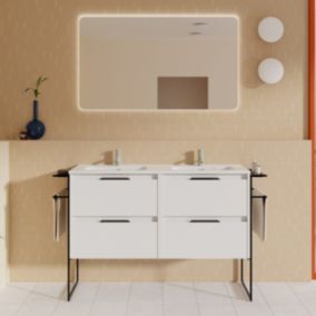 Meuble salle de bain double vasque en bois et métal KEIKO largeur 120 cm blanc brillant
