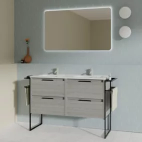 Meuble salle de bain double vasque en bois et métal KEIKO largeur 120 cm gris sablé