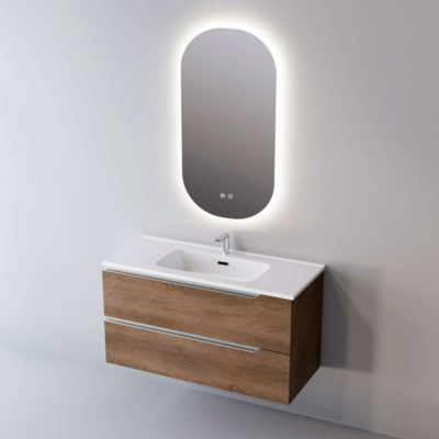 Meuble Salle de Bain DUO 61 cm x H54 x P45 cm, Plan Vasque Céramique WB, 2 Tiroirs, Chêne Foncé