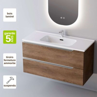 Meuble Salle de Bain DUO 61 cm x H54 x P45 cm, Plan Vasque Céramique WB, 2 Tiroirs, Chêne Foncé