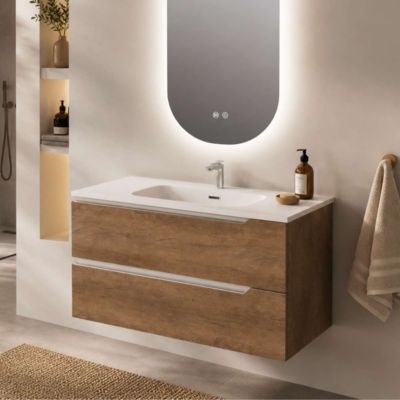 Meuble Salle de Bain DUO 61 cm x H54 x P45 cm, Plan Vasque Céramique WB, 2 Tiroirs, Chêne Foncé