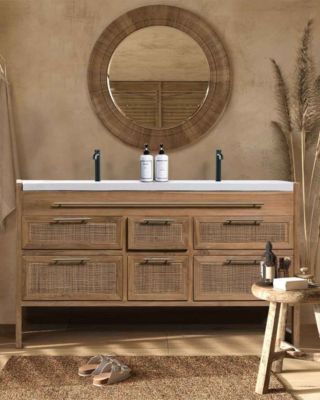 Meuble salle de bain en teck et terazzo beige 145 cm - Uniqka