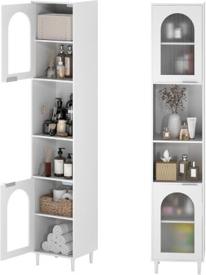 Meuble Salle de Bain Haut avec 2 Placards à Porte Verre, 2 Compartiments Ouverts, Pieds Surélevés,35x30x180 CM