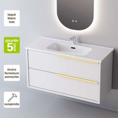 Meuble Salle de Bain LIKE 100cm, Plan Vasque Céramique, 2 Tiroirs Poignée Or, Laqué Blanc Mat, H 54cm x P 45cm