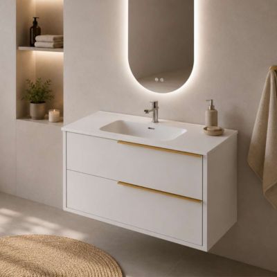 Meuble Salle de Bain LIKE 100cm, Plan Vasque Céramique, 2 Tiroirs Poignée Or, Laqué Blanc Mat, H 54cm x P 45cm