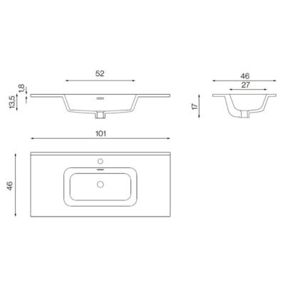 Meuble Salle de Bain LIKE 100cm, Plan Vasque Céramique, 2 Tiroirs Poignée Or, Laqué Blanc Mat, H 54cm x P 45cm