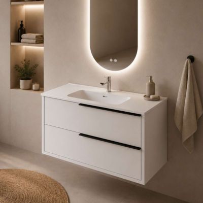 Meuble Salle de Bain LIKE 100cm, Plan Vasque Grès Cérame, 2 Tiroirs Poignée Noir, Laqué Blanc Mat, H 54cm x P 45cm