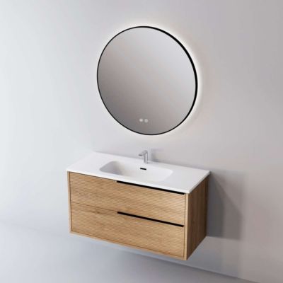 Meuble Salle de Bain LISTELLO 81 cm x H54 x P45 cm, Plan Vasque Solid Surface, 2 Tiroirs Impression 3D Poignée Noir, Chêne Clair