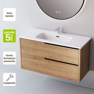 Meuble Salle de Bain LISTELLO 81 cm x H54 x P45 cm, Plan Vasque Solid Surface, 2 Tiroirs Impression 3D Poignée Noir, Chêne Clair