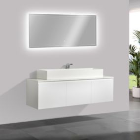 Meuble salle de bain Luna 1600 blanc mat avec plan vasque fonte minérale, Sans miroir, Sans vasque à poser