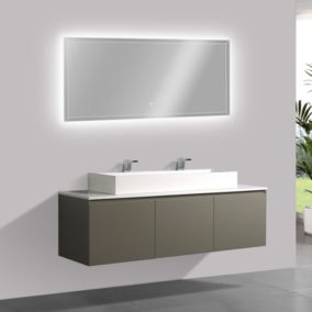 Meuble salle de bain Luna 1600 gris mat avec plan vasque fonte minérale, Avec miroir LED 2073, Sans vasque à poser