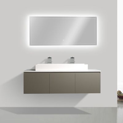 Meuble salle de bain Luna 1600 gris mat avec plan vasque fonte minérale, Avec miroir LED 2073, Sans vasque à poser