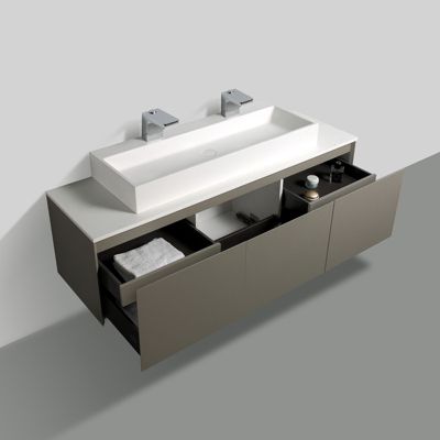 Meuble salle de bain Luna 1600 gris mat avec plan vasque fonte minérale, Avec miroir LED 2073, Sans vasque à poser