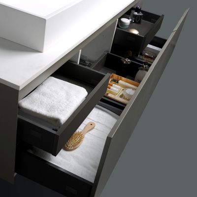 Meuble salle de bain Luna 1600 gris mat avec plan vasque fonte minérale, Avec miroir LED 2073, Sans vasque à poser