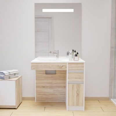 Meuble salle de bain PMR ANDY 90 cm bois et blanc + miroir Elégance ht105- Vasque à gauche