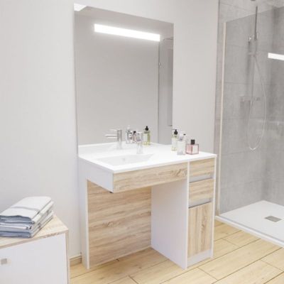 Meuble salle de bain PMR ANDY 90 cm bois et blanc + miroir Elégance ht105- Vasque à gauche