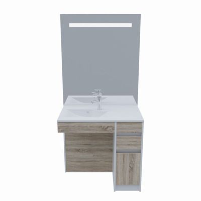 Meuble salle de bain PMR ANDY 90 cm bois et blanc + miroir Elégance ht105- Vasque à gauche