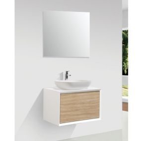 Meuble salle de bain pour vasque à poser PALIO largeur 60 cm blanc mat  chêne clair texturé