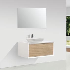 Meuble salle de bain pour vasque à poser PALIO largeur 90 cm blanc mat  chêne clair texturé