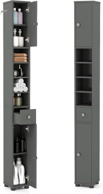 Meuble Salle de Bain Rangement, 1 Tiroir, 5 Etagères Réglables, Structure Antidérapante, Chambre, Salon, 20x20x180cm, Gris