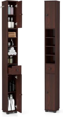 Meuble Salle de Bain Rangement, 1 Tiroir, 5 Etagères Réglables, Structure Antidérapante, Chambre, Salon, 20x20x180cm, Marron