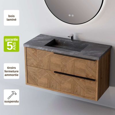 Meuble Salle de Bain REEL 101 cm x H54 x P45 cm, Plan Vasque Grès Cérame NA, 2 Tiroirs Impression 3D Poignée Noir, Chêne Moyen