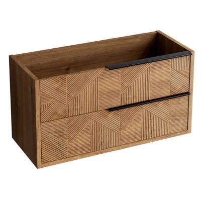 Meuble Salle de Bain REEL 101 cm x H54 x P45 cm, Plan Vasque Grès Cérame NA, 2 Tiroirs Impression 3D Poignée Noir, Chêne Moyen