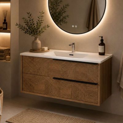 Meuble Salle de Bain REEL 101 cm x H54 x P45 cm, Plan Vasque Grès Cérame NA, 2 Tiroirs Impression 3D Poignée Noir, Chêne Moyen