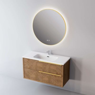 Meuble Salle de Bain REEL 60cm, Plan Vasque Céramique, 2 Tiroirs Impression 3D Poignée Or, Finition Chêne Moyen, H 54cm x P 45cm