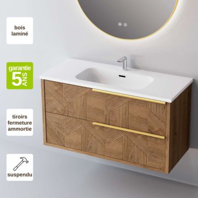 Meuble Salle de Bain REEL 60cm, Plan Vasque Céramique, 2 Tiroirs Impression 3D Poignée Or, Finition Chêne Moyen, H 54cm x P 45cm