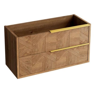 Meuble Salle de Bain REEL 60cm, Plan Vasque Céramique, 2 Tiroirs Impression 3D Poignée Or, Finition Chêne Moyen, H 54cm x P 45cm