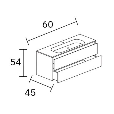 Meuble Salle de Bain REEL 60cm, Plan Vasque Céramique, 2 Tiroirs Impression 3D Poignée Or, Finition Chêne Moyen, H 54cm x P 45cm