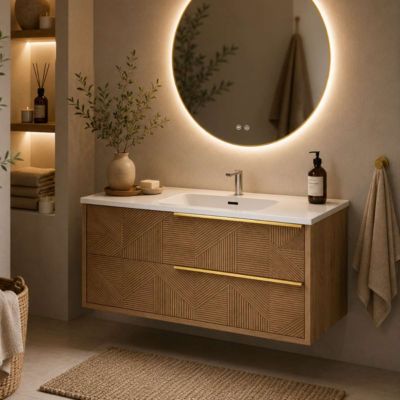 Meuble Salle de Bain REEL 60cm, Plan Vasque Céramique, 2 Tiroirs Impression 3D Poignée Or, Finition Chêne Moyen, H 54cm x P 45cm