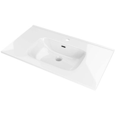Meuble Salle de Bain REEL 60cm, Plan Vasque Céramique, 2 Tiroirs Impression 3D Poignée Or, Finition Chêne Moyen, H 54cm x P 45cm