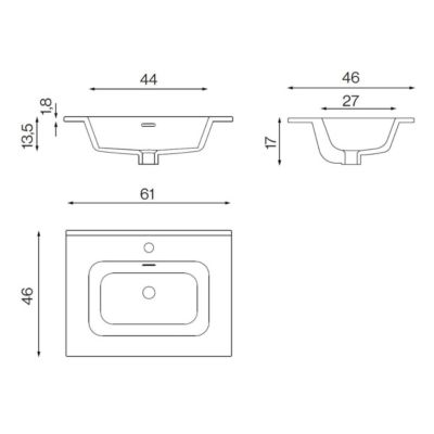 Meuble Salle de Bain REEL 60cm, Plan Vasque Céramique, 2 Tiroirs Impression 3D Poignée Or, Finition Chêne Moyen, H 54cm x P 45cm