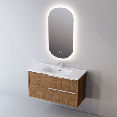 Meuble Salle de Bain REEL 61 cm x H54 x P45 cm, Plan Vasque Céramique WB, 2 Tiroirs Impression 3D Poignée Inox, Chêne Moyen