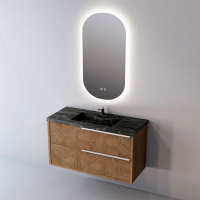 Meuble Salle de Bain REEL 81 cm x H54 x P45 cm, Plan Vasque Grès Cérame NA, 2 Tiroirs Impression 3D Poignée Inox, Chêne Moyen