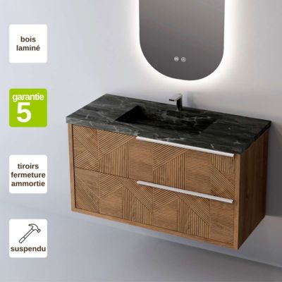 Meuble Salle de Bain REEL 81 cm x H54 x P45 cm, Plan Vasque Grès Cérame NA, 2 Tiroirs Impression 3D Poignée Inox, Chêne Moyen