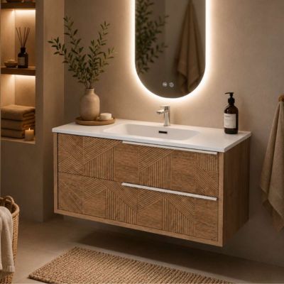 Meuble Salle de Bain REEL 81 cm x H54 x P45 cm, Plan Vasque Grès Cérame NA, 2 Tiroirs Impression 3D Poignée Inox, Chêne Moyen