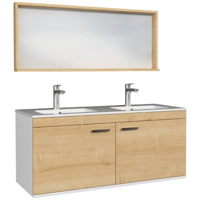 Meuble salle de bain RUBITE double vasque 2 portes Chêne clair L. 120 cm + miroir cadre - Saniverre