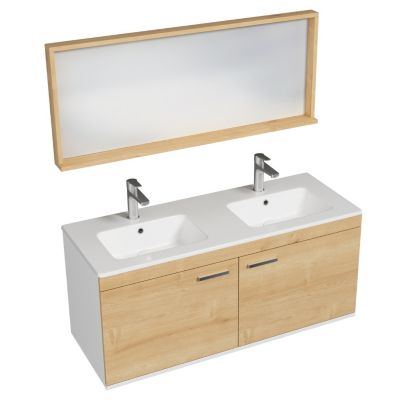 Meuble salle de bain RUBITE double vasque 2 portes Chêne clair L. 120 cm + miroir cadre - Saniverre