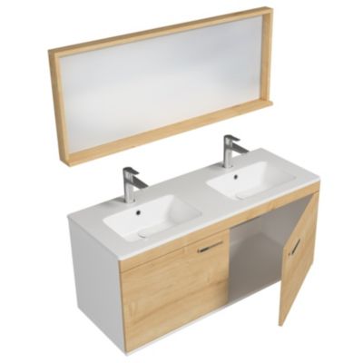 Meuble salle de bain RUBITE double vasque 2 portes Chêne clair L. 120 cm + miroir cadre - Saniverre