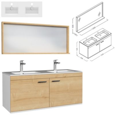 Meuble salle de bain RUBITE double vasque 2 portes Chêne clair L. 120 cm + miroir cadre - Saniverre