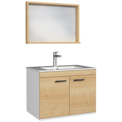 Meuble salle de bain RUBITE simple vasque 2 portes Chêne clair L. 70 cm + miroir cadre - Saniverre
