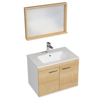 Meuble salle de bain RUBITE simple vasque 2 portes Chêne clair L. 70 cm + miroir cadre - Saniverre