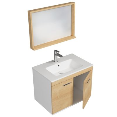 Meuble salle de bain RUBITE simple vasque 2 portes Chêne clair L. 70 cm + miroir cadre - Saniverre