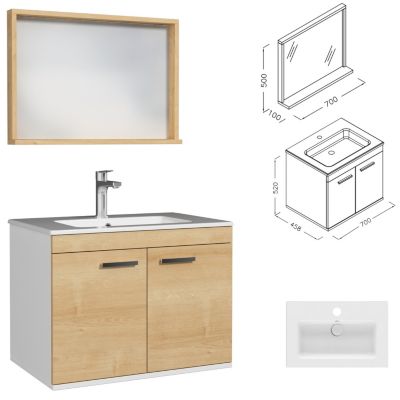 Meuble salle de bain RUBITE simple vasque 2 portes Chêne clair L. 70 cm + miroir cadre - Saniverre