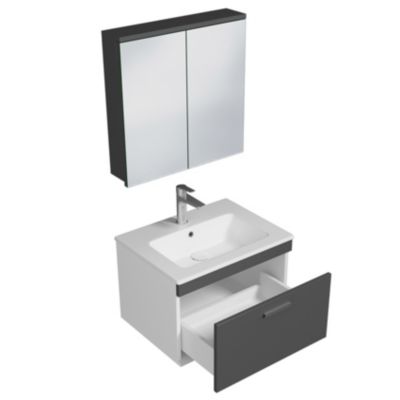 Meuble salle de bain simple vasque RUBITE 1 tiroir Anthracite L. 60 cm + miroir armoire - Saniverre